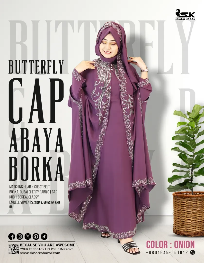 New Butterfly Cap Abaya Collection - Deep Onion Colourr